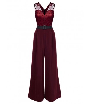 Wine Red  Polka Dot Belt Jumpsuit