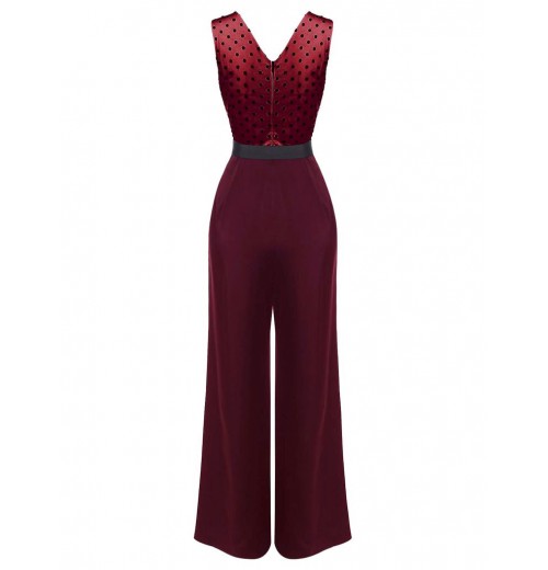 Wine Red  Polka Dot Belt Jumpsuit