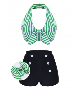 Green   Halter Stripes Bikini Set