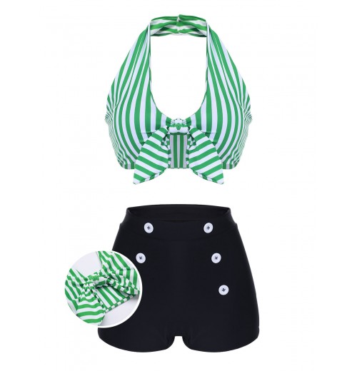 Green   Halter Stripes Bikini Set