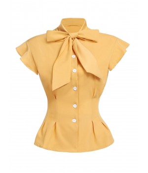 Yellow  Bow Solid Blouse Top