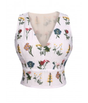 White  Floral Embroidery Crop Top