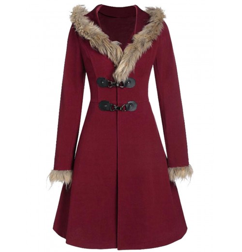  Solid Buckle Fur Trimmed Coat