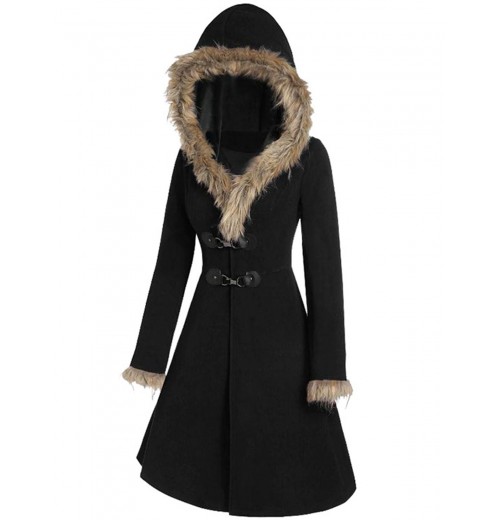  Solid Buckle Fur Trimmed Coat