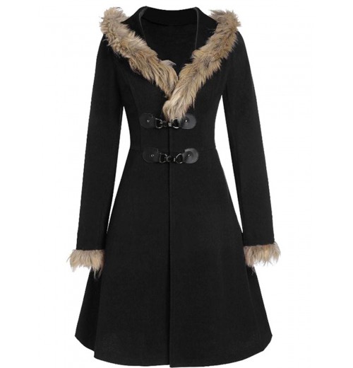  Solid Buckle Fur Trimmed Coat