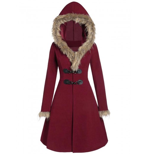  Solid Buckle Fur Trimmed Coat