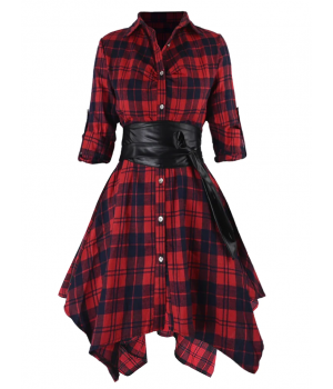 Pre-Sale Plus Size  3/4 Sleeve Plaid Belt Long Tops