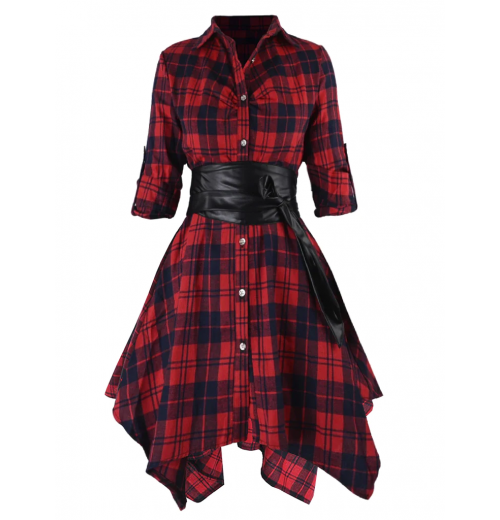 Pre-Sale Plus Size  3/4 Sleeve Plaid Belt Long Tops