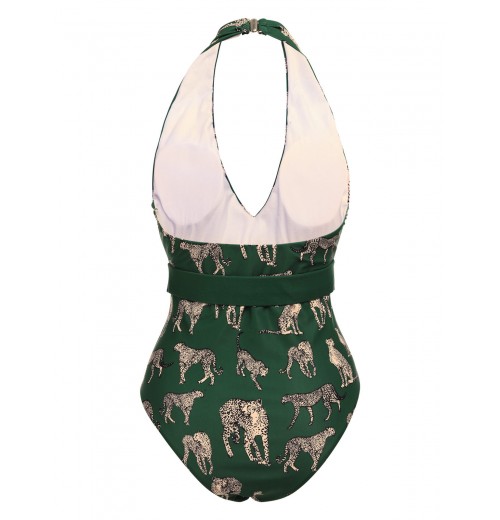 Green  Jaguar Vintage Halter One-piece Swimsuit