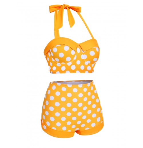 Yellow  Polka Dots Halter Bikini Set