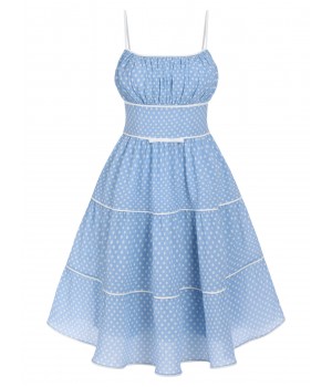 Sky Blue  Strap Polka Dot Swing Dress