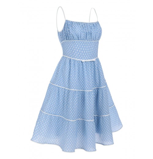 Sky Blue  Strap Polka Dot Swing Dress