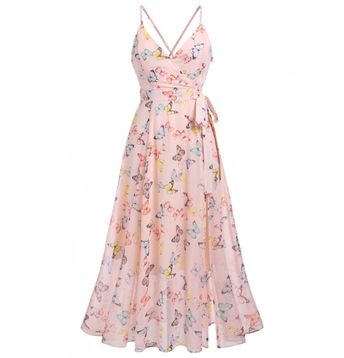 Light Pink Butterfly Strap Lace-up Vintage Dress