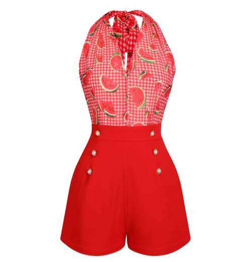 Watermelon Red  Halter Patchwork Romper