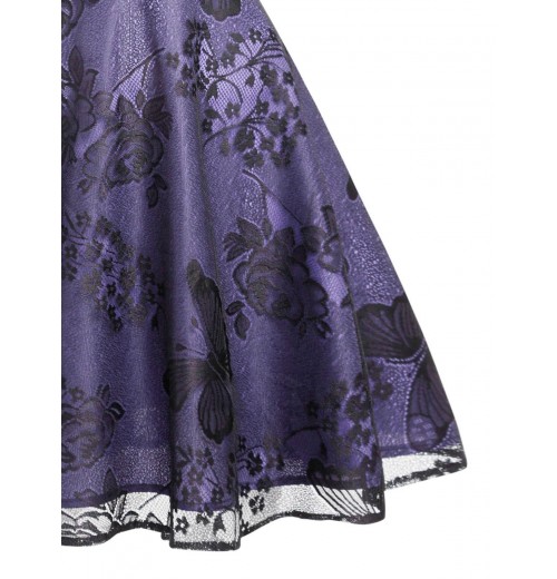 Purple  Mesh Floral Swing Dress