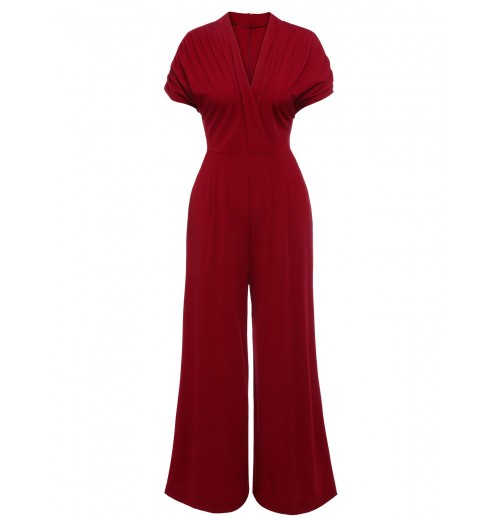 Wine Red  V-neck Solid Wrap Jumpsuit