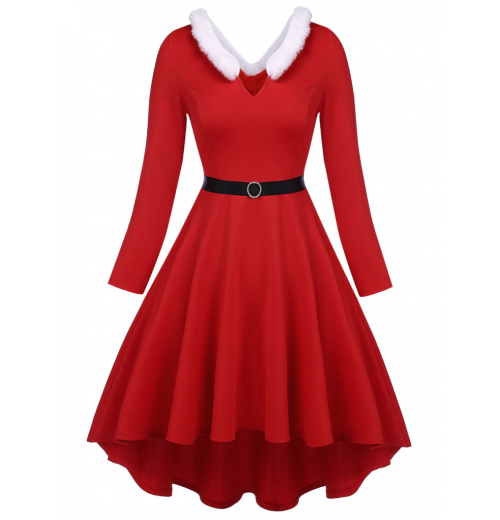 Pre-Sale Plus Size Red  Furry Solid Swing Dress