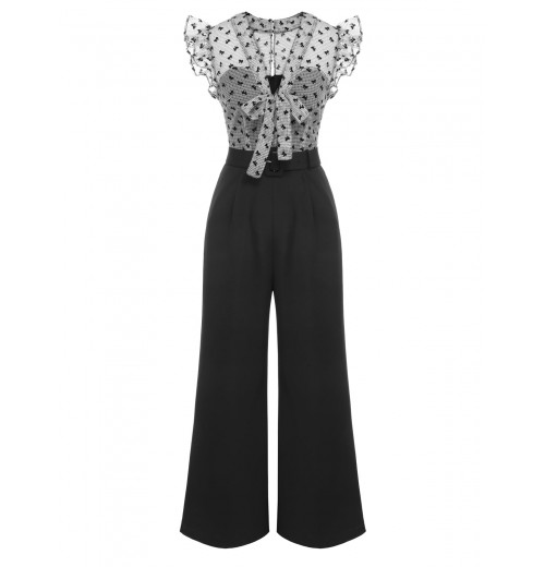 Black  Mesh Bow-knot Patchwork Jumpsuit