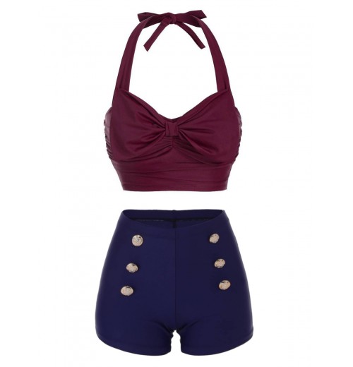 Wine Red  Bow Halter Bikini Set