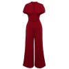 Wine Red  V-neck Solid Wrap Jumpsuit