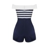 Navy Blue  Patchwork Off-shoulder Striped Romper