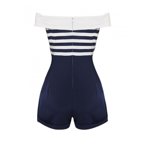 Navy Blue  Patchwork Off-shoulder Striped Romper