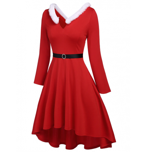 Pre-Sale Plus Size Red  Furry Solid Swing Dress