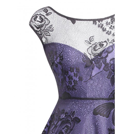 Purple  Mesh Floral Swing Dress