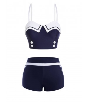 Navy Blue  Spaghetti Buttons Swimsuit