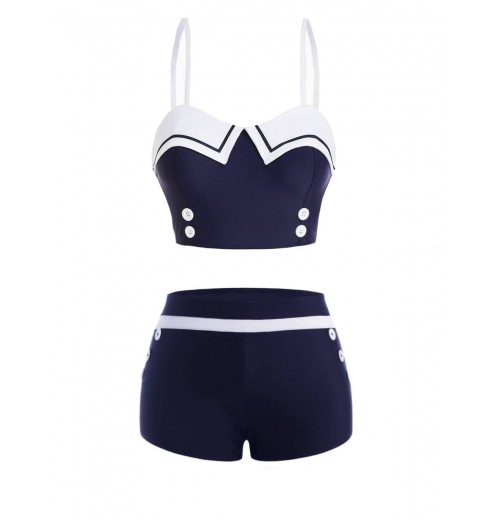 Navy Blue  Spaghetti Buttons Swimsuit