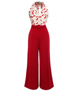 Red  Cherry Belted Halter Jumpsuit