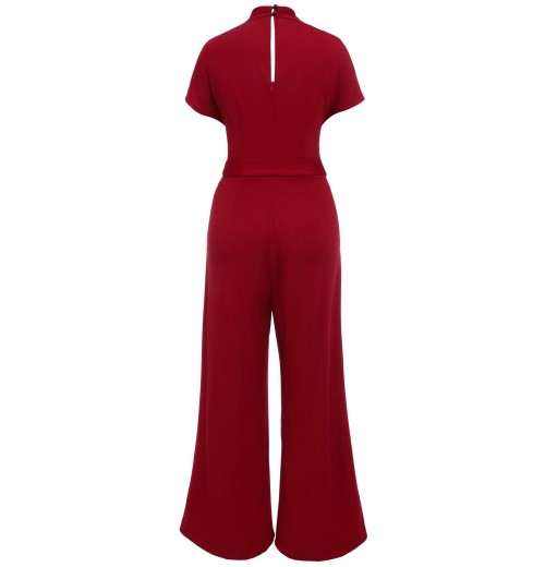 Wine Red  V-neck Solid Wrap Jumpsuit