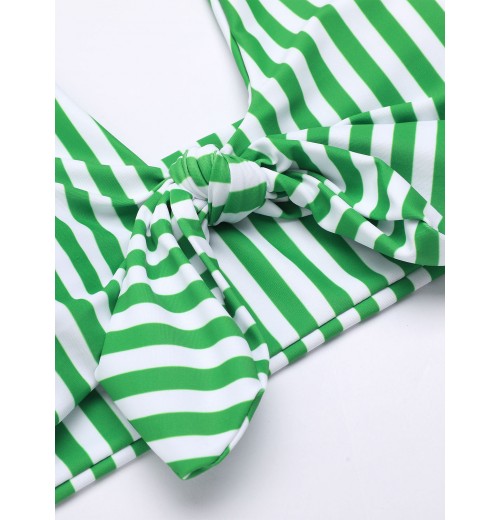 Green   Halter Stripes Bikini Set