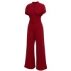 Wine Red  V-neck Solid Wrap Jumpsuit