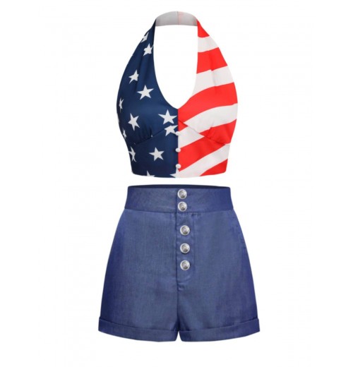 2PCS  Patchwork Flag Tops & Denim Blue Shorts