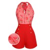 Watermelon Red  Halter Patchwork Romper