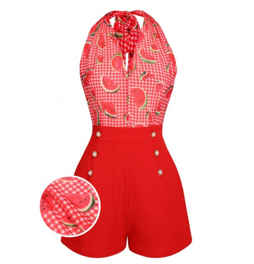 Watermelon Red  Halter Patchwork Romper