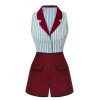 2PCS  Blue Stripes Patchwork Blouse & Red Solid Shorts