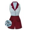 2PCS  Blue Stripes Patchwork Blouse & Red Solid Shorts