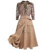 2PCS  Leopard Lapel Romper & Khaki Skirt