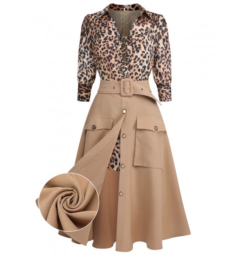 2PCS  Leopard Lapel Romper & Khaki Skirt