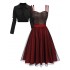 2PCS Red  Strap Dress & Black Crop Jacket