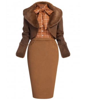 2PCS Brown Bolero Jacket & Plaid Pencil Dress