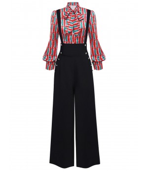 2PCS  Candy Tie-Up Blouse & Black Suspender Pants