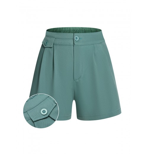 Mint Green  Solid Pleating Decorative Pocket Shorts