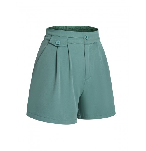 Mint Green  Solid Pleating Decorative Pocket Shorts