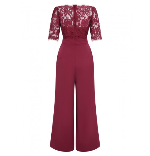 Wine Red  Lace Patchwork Jumpsuit