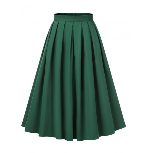 Green  Solid Pleated Skirts