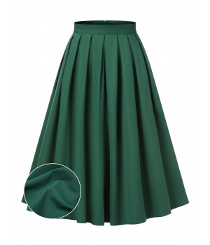 Green  Solid Pleated Skirts