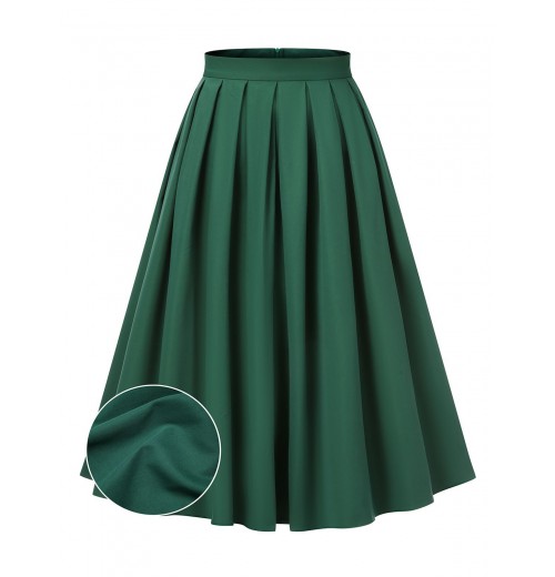 Green  Solid Pleated Skirts